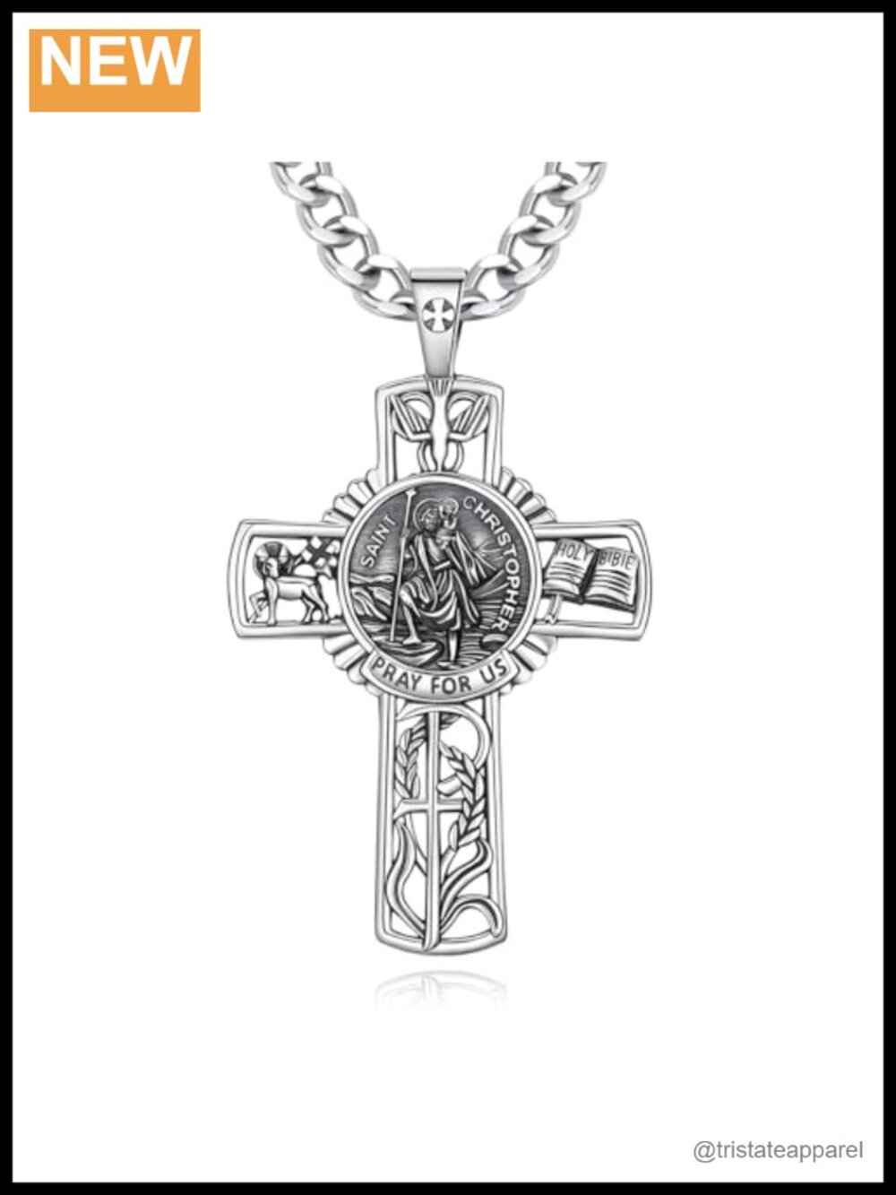 Sterling Silver St. Christopher Pendant Necklace 24" Cuban Chain Religious